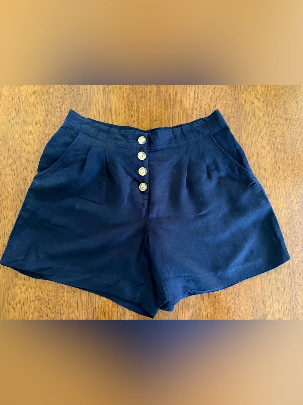 LOFT Navy Linen/Rayon Button-Front Shorts